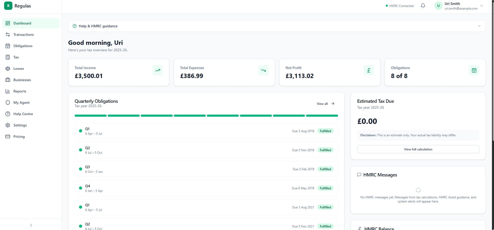 Regulas dashboard showing income summary and live tax estimate