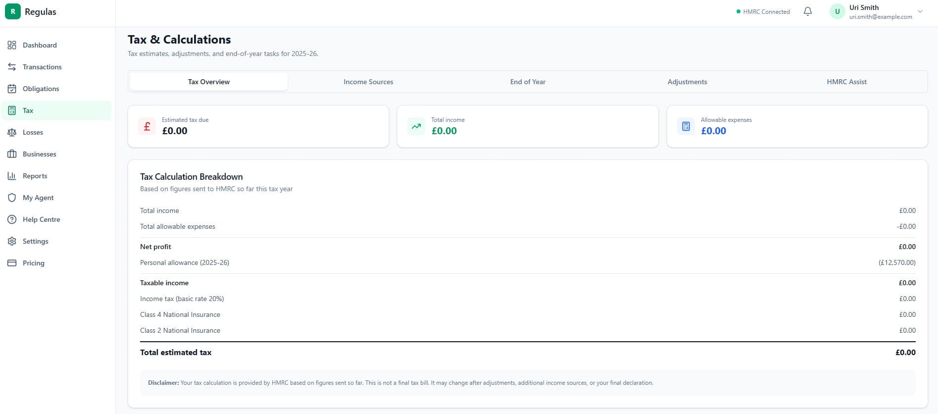 Regulas tax calculation screen showing estimated liability breakdown