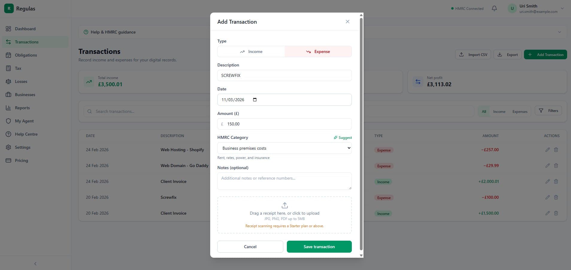 Regulas transaction view showing AI-categorised expenses